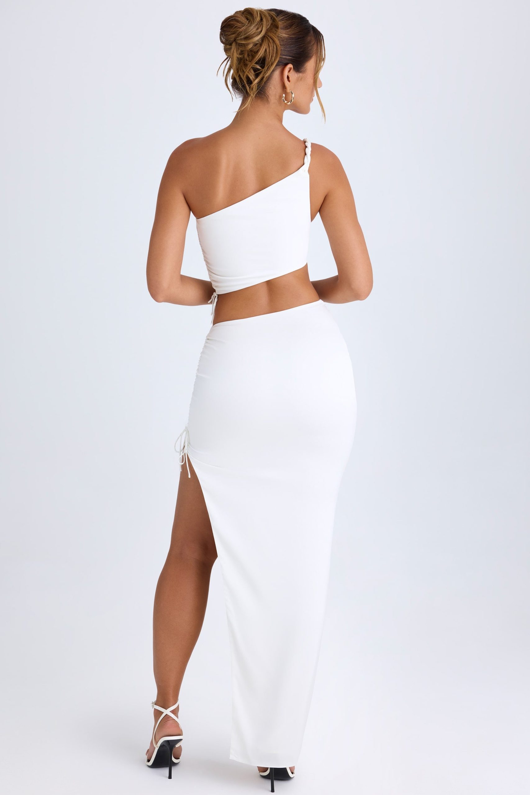 Ruched Asymmetric-Waist Maxi Skirt in White - Image 2