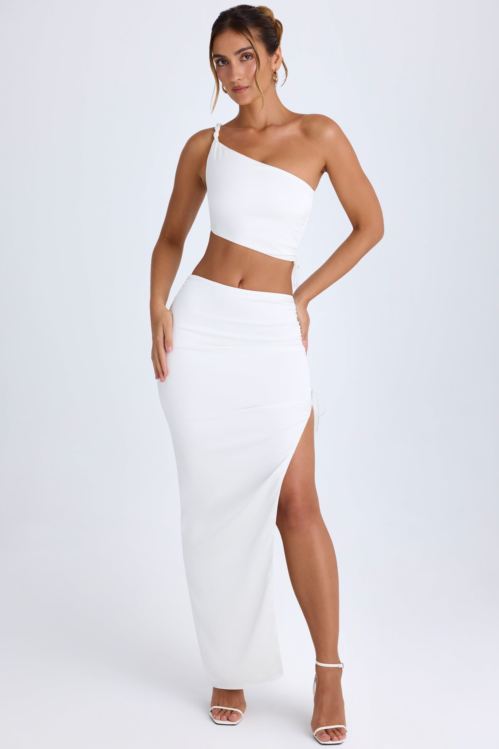 Ruched Asymmetric-Waist Maxi Skirt in White - Image 4