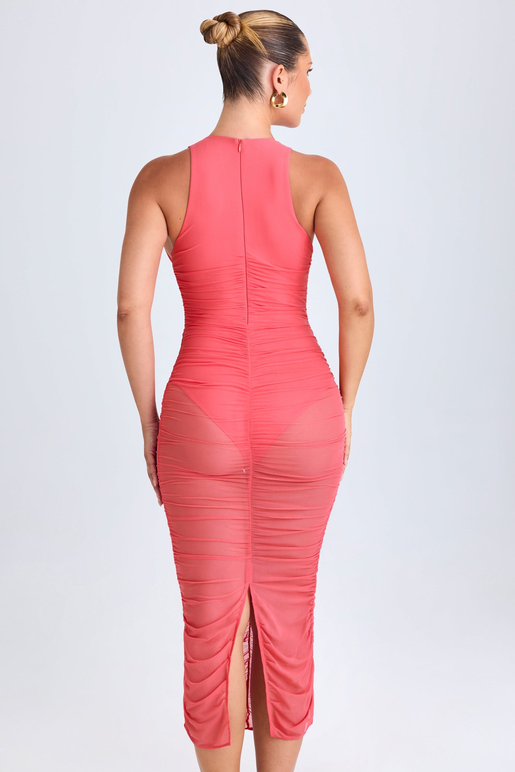 Ruched Plunge Midaxi Dress in Coral - Image 2