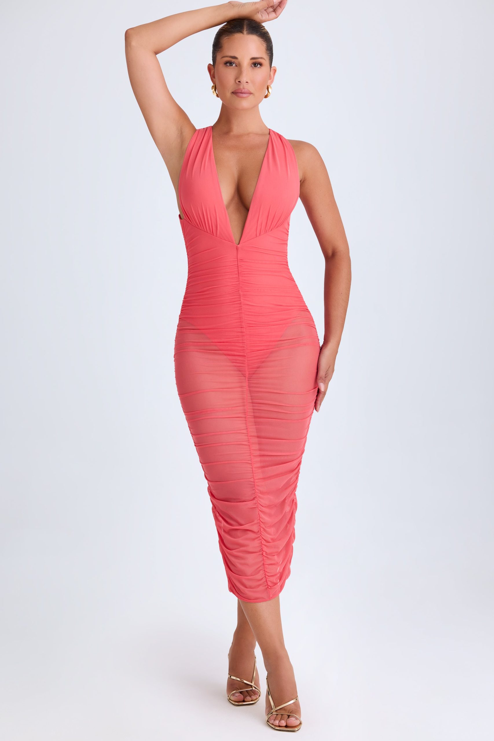 Ruched Plunge Midaxi Dress in Coral - Image 7