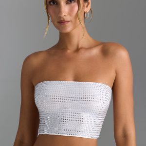 Embellished Strap-Back Bandeau Top in White