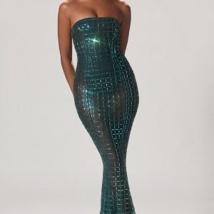 Embellished Strapless Gown in Emerald Green