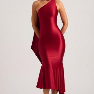 Asymmetric Scarf-Detail Midaxi Dress in True Red