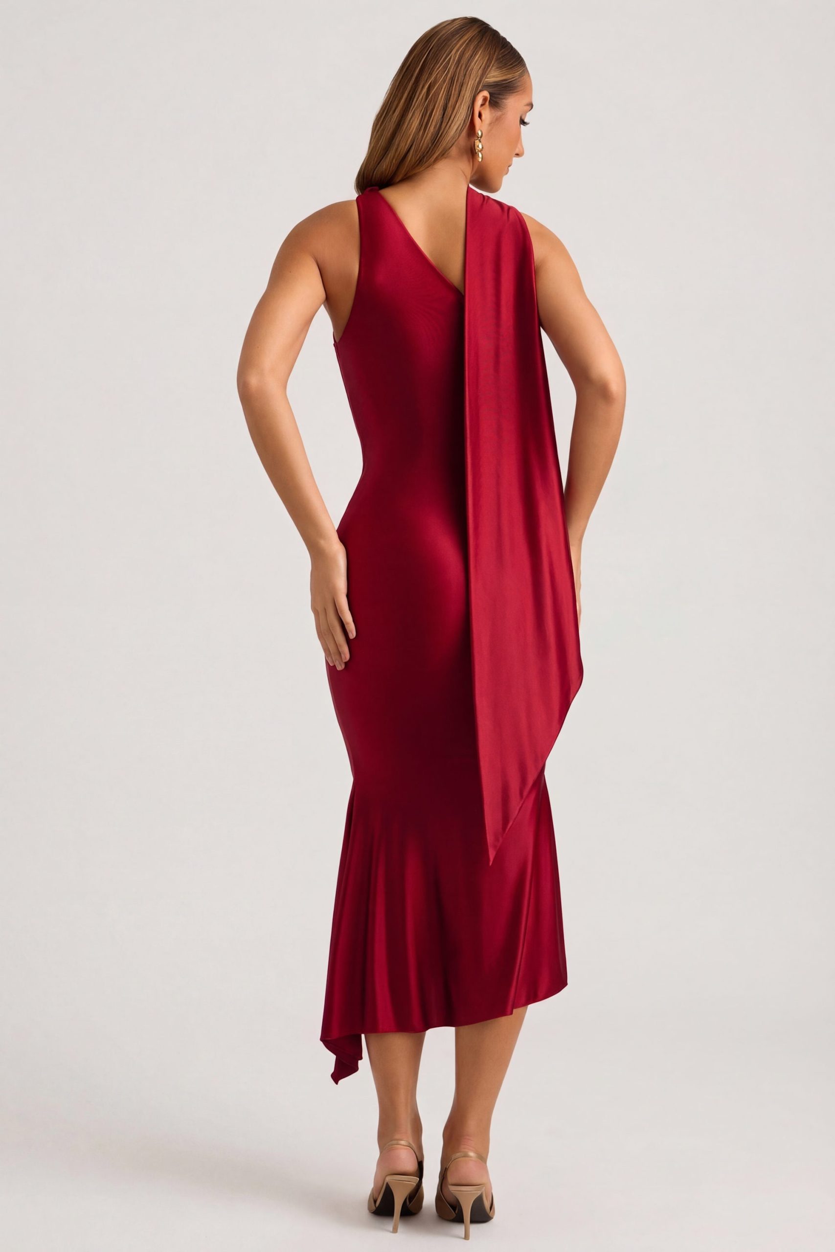Asymmetric Scarf-Detail Midaxi Dress in True Red - Image 3