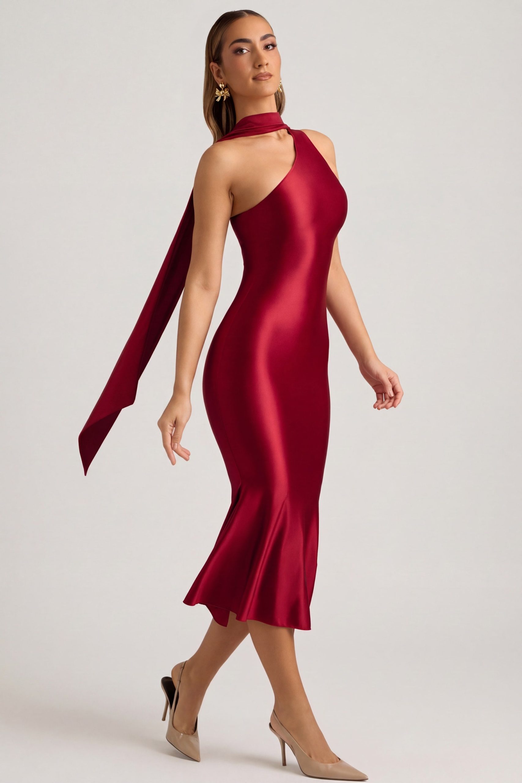 Asymmetric Scarf-Detail Midaxi Dress in True Red - Image 7