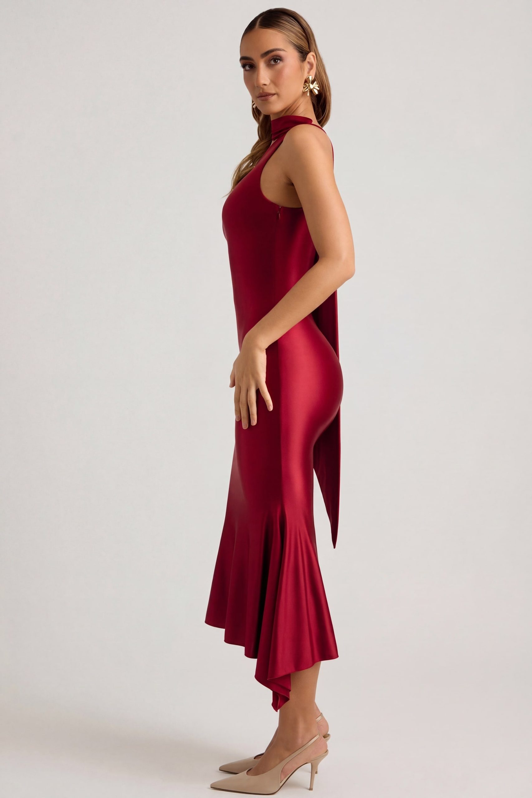 Asymmetric Scarf-Detail Midaxi Dress in True Red - Image 8