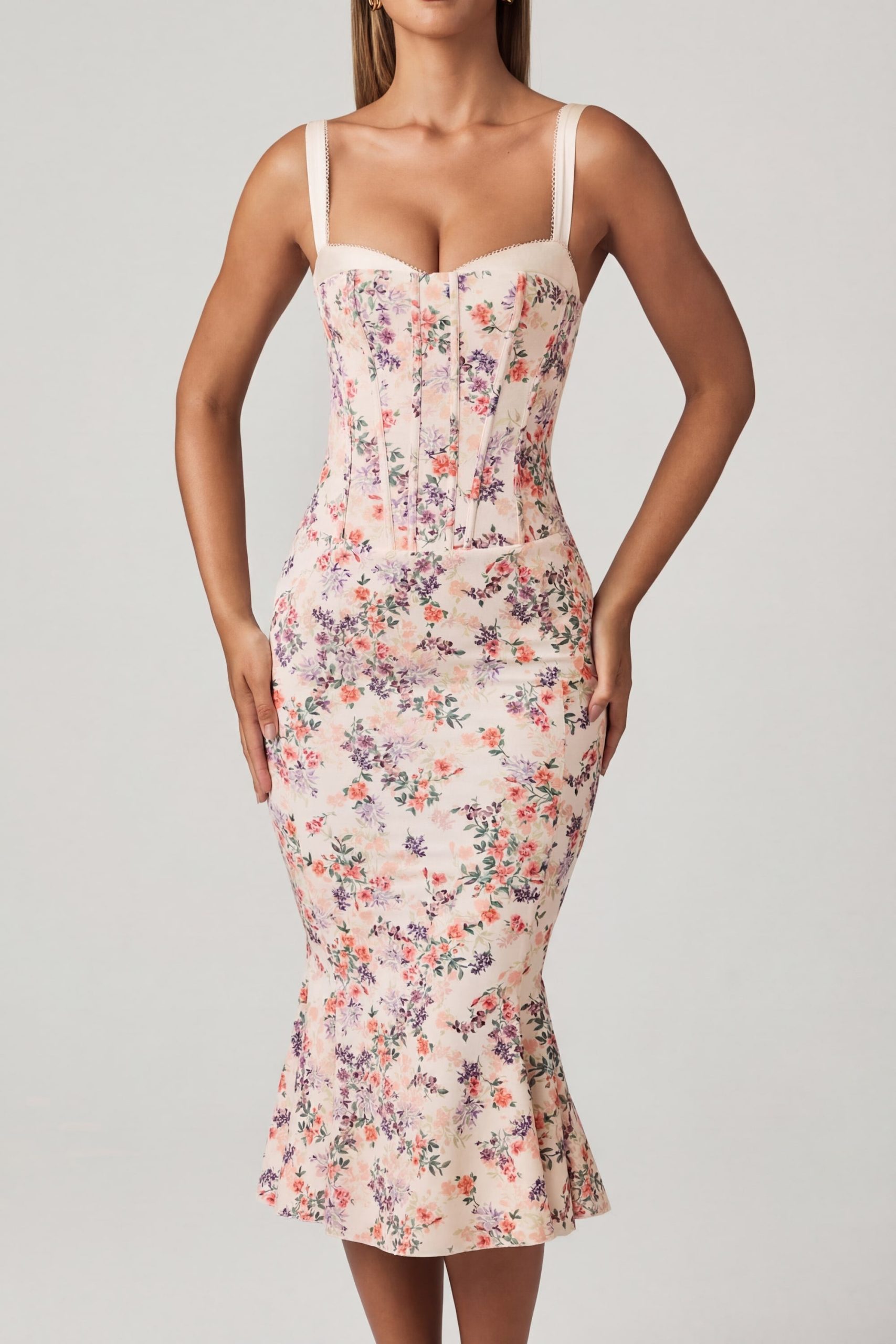 Layered Bra-Detail Fishtail Midaxi Dress in Primrose Floral Print - Image 4