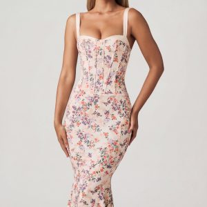 Layered Bra-Detail Fishtail Midaxi Dress in Primrose Floral Print