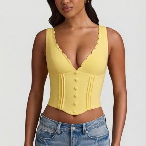 Plunge-Neck Scalloped Corset Top in Pastel Yellow