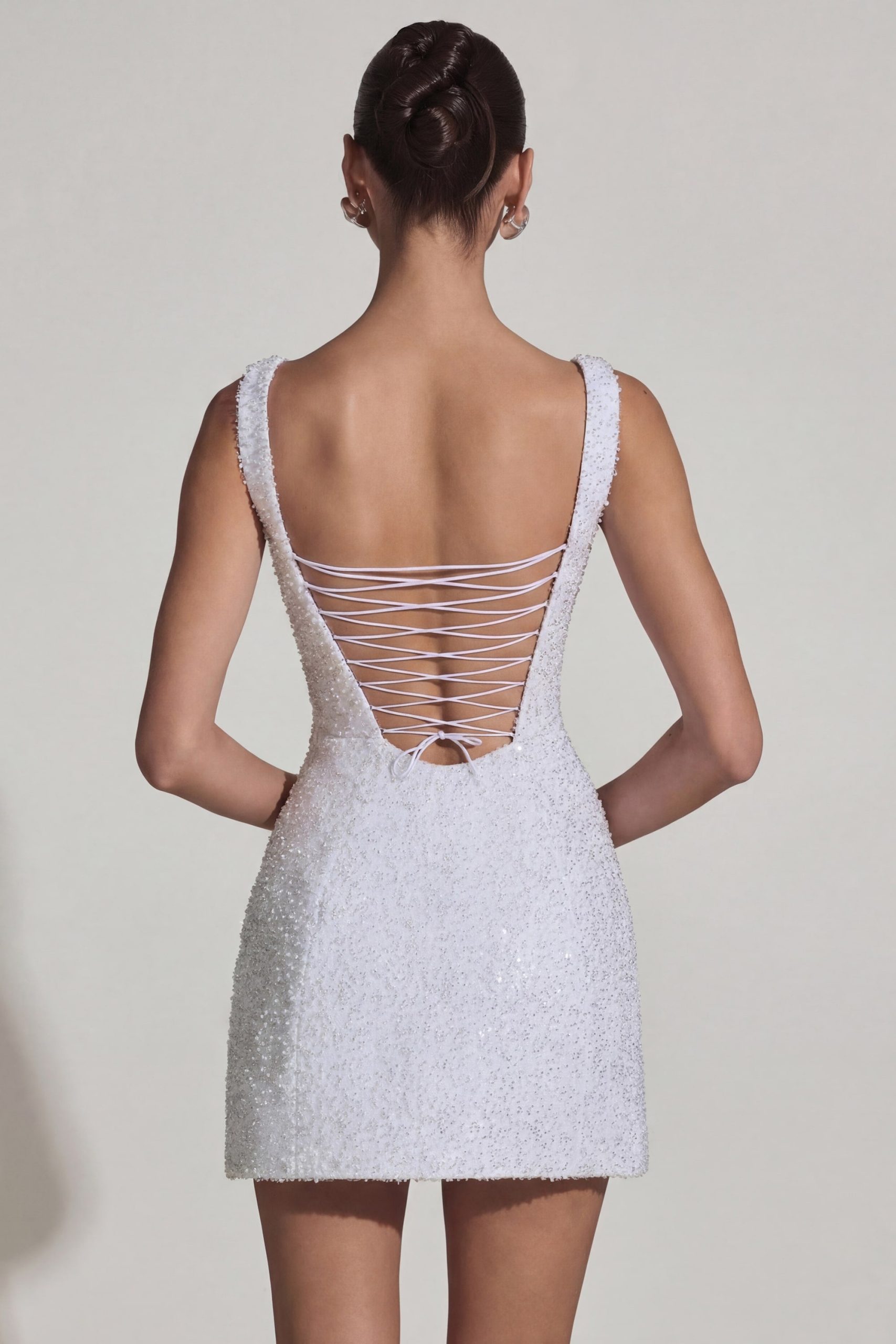 Embellished Structured A-Line Mini Dress in White - Image 7
