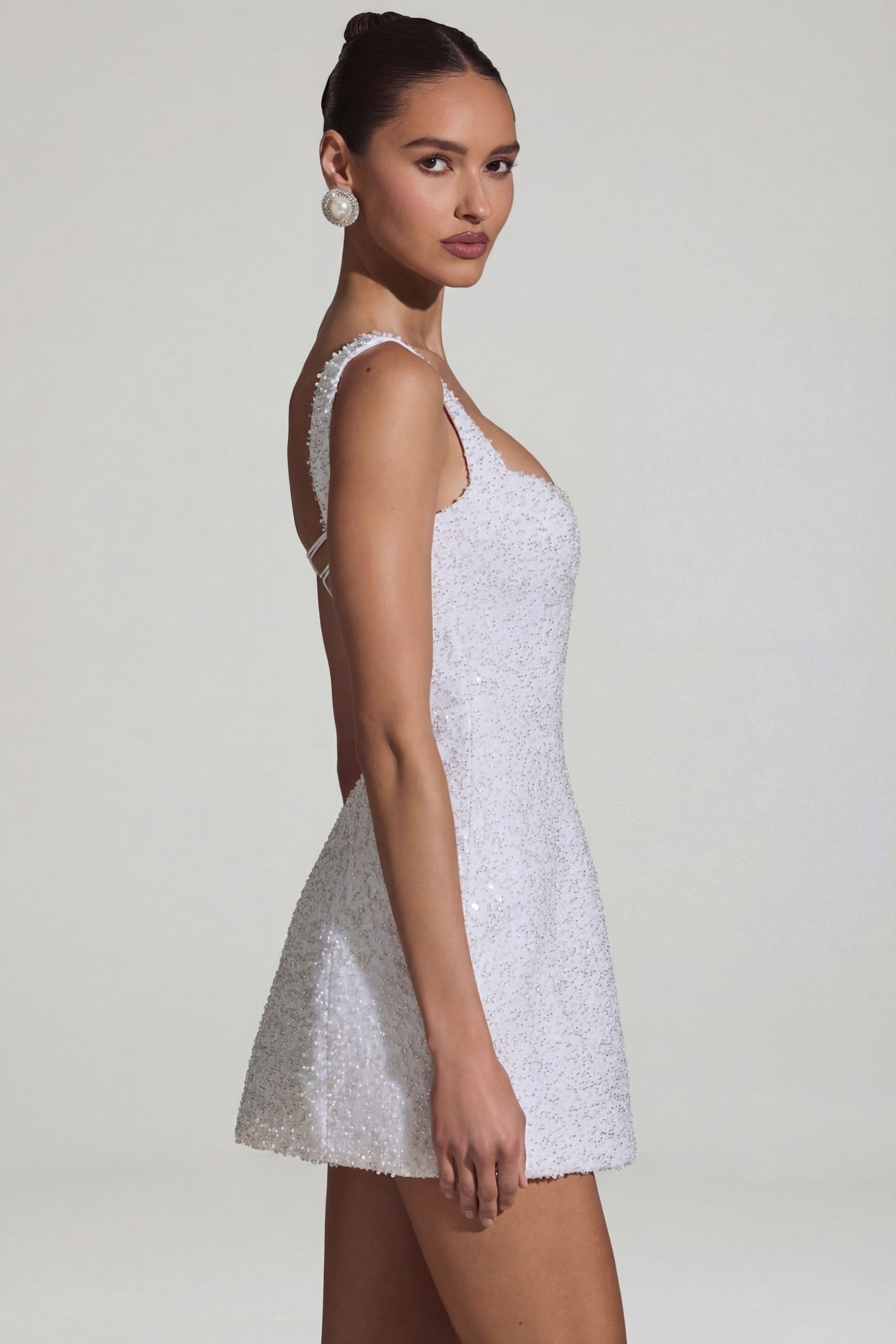 Embellished Structured A-Line Mini Dress in White - Image 3