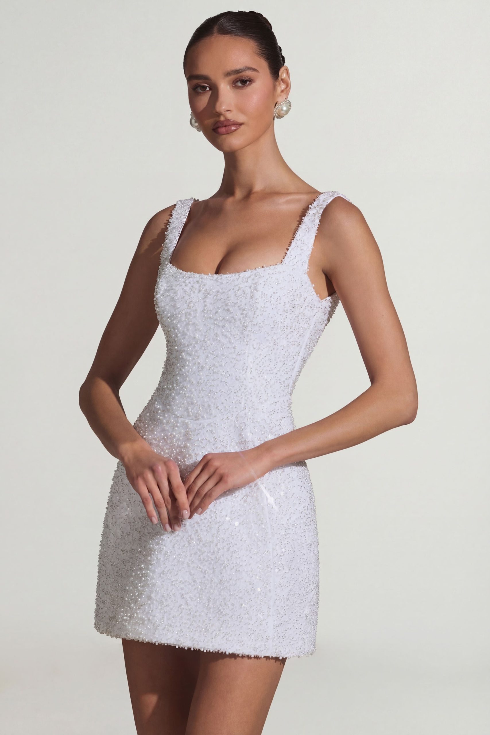 Embellished Structured A-Line Mini Dress in White - Image 8
