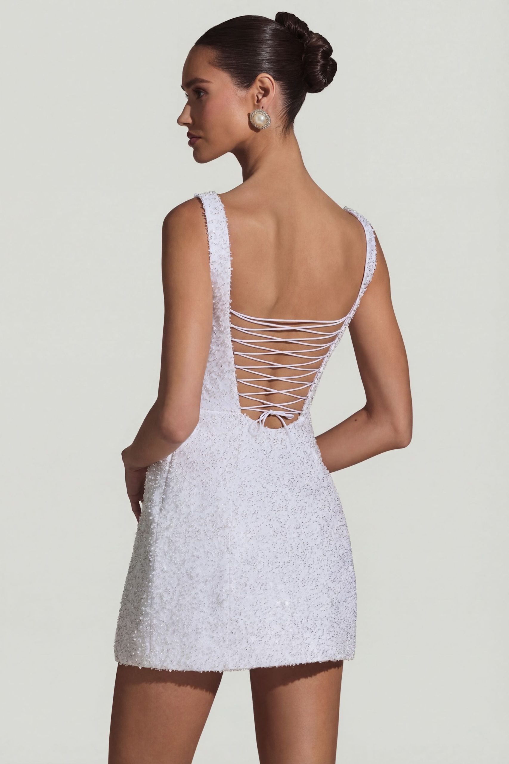 Embellished Structured A-Line Mini Dress in White - Image 2