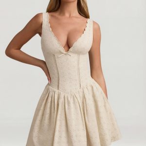 Broderie Anglaise Bow-Detail A-Line Mini Dress in Ivory