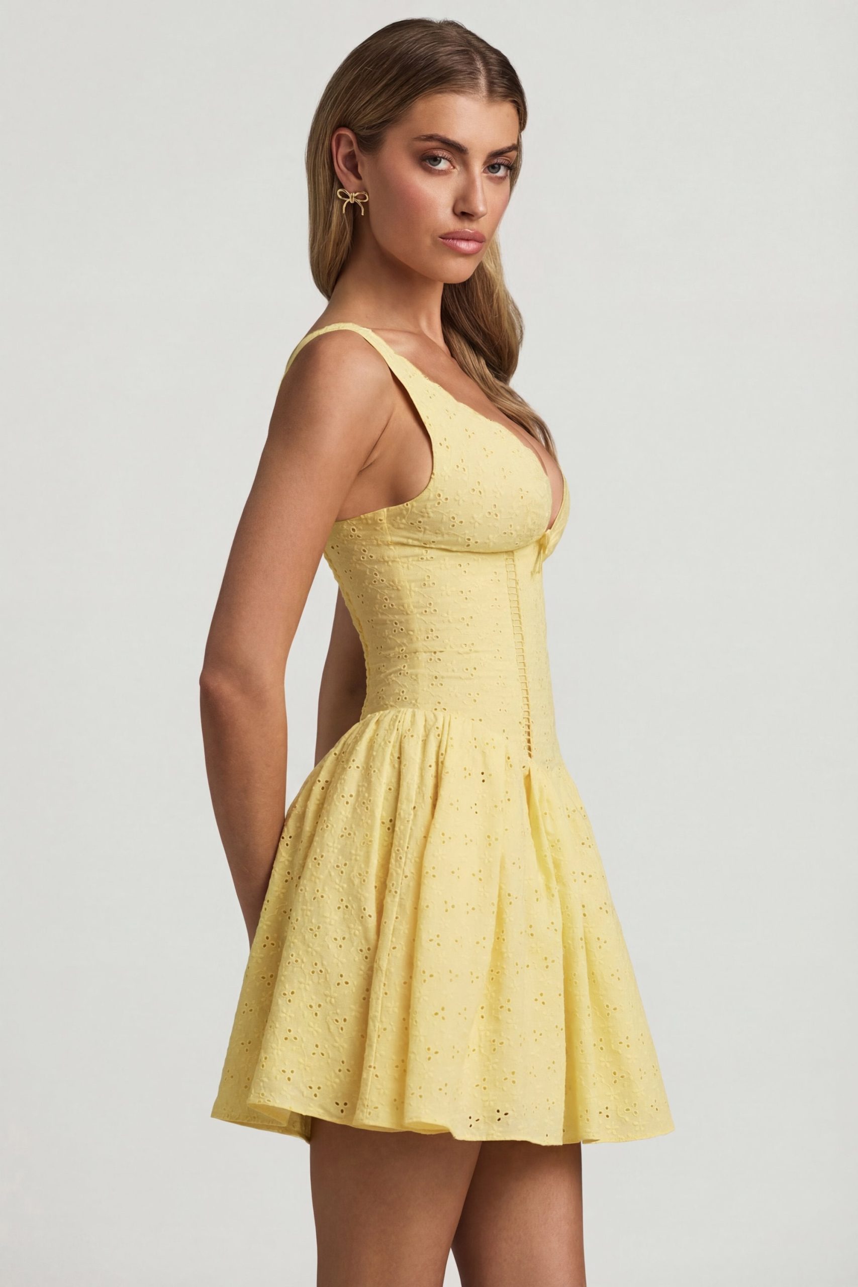 Broderie Anglaise Bow-Detail A-Line Mini Dress in Pastel Yellow - Image 4