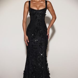 Embellished Appliqu?? Soft-Scoop Corset Gown in Black