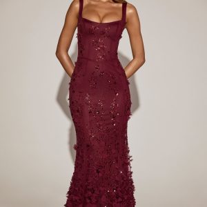 Embellished Appliqu?? Soft-Scoop Corset Gown in Wine Red