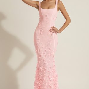 Embellished Appliqu?? Soft-Scoop Corset Gown in Pink