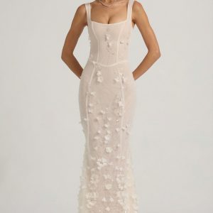 Embellished Appliqu?? Soft-Scoop Corset Gown in White