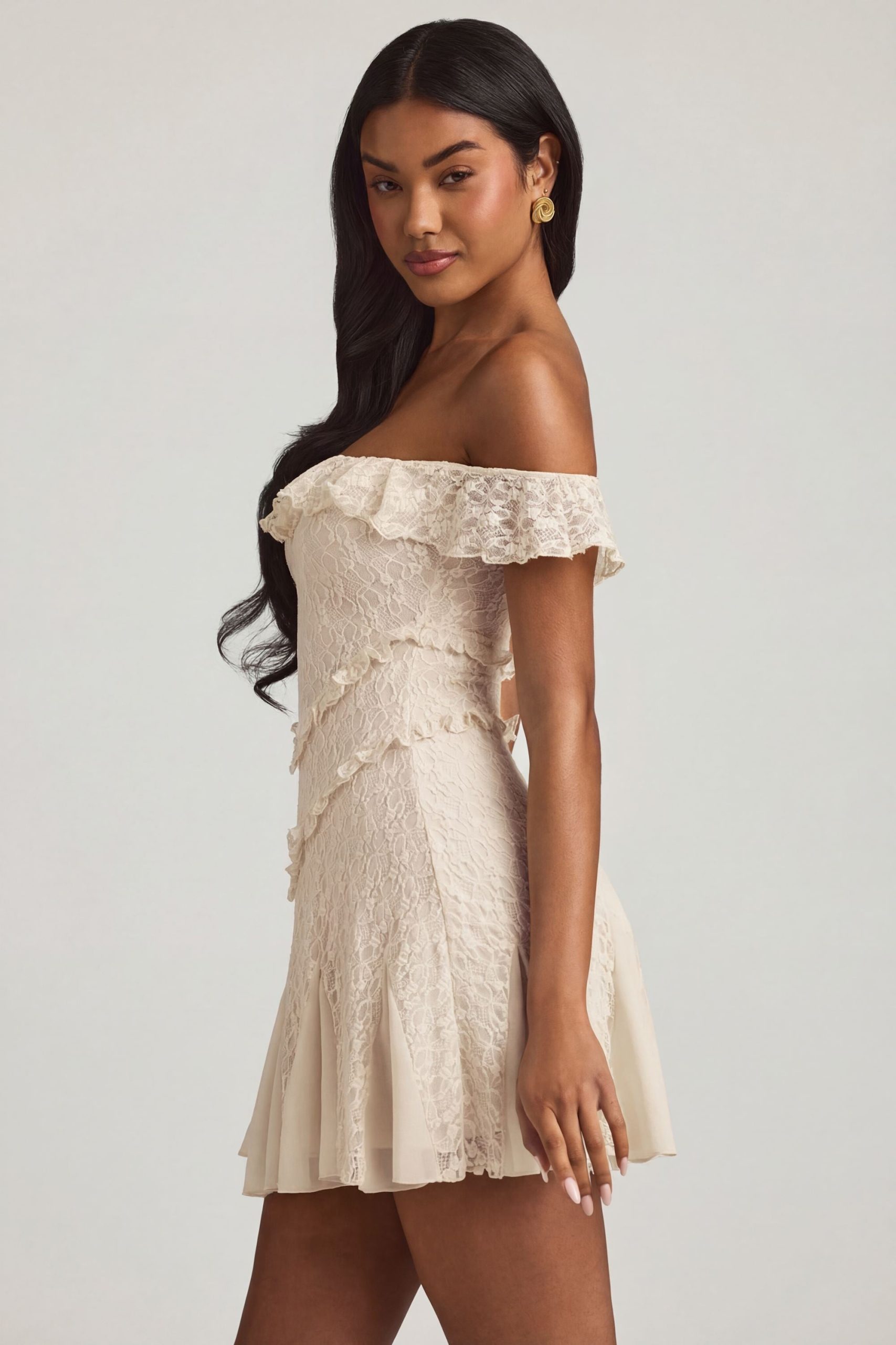 Off-Shoulder Lace A-Line Mini Dress in Ivory - Image 3