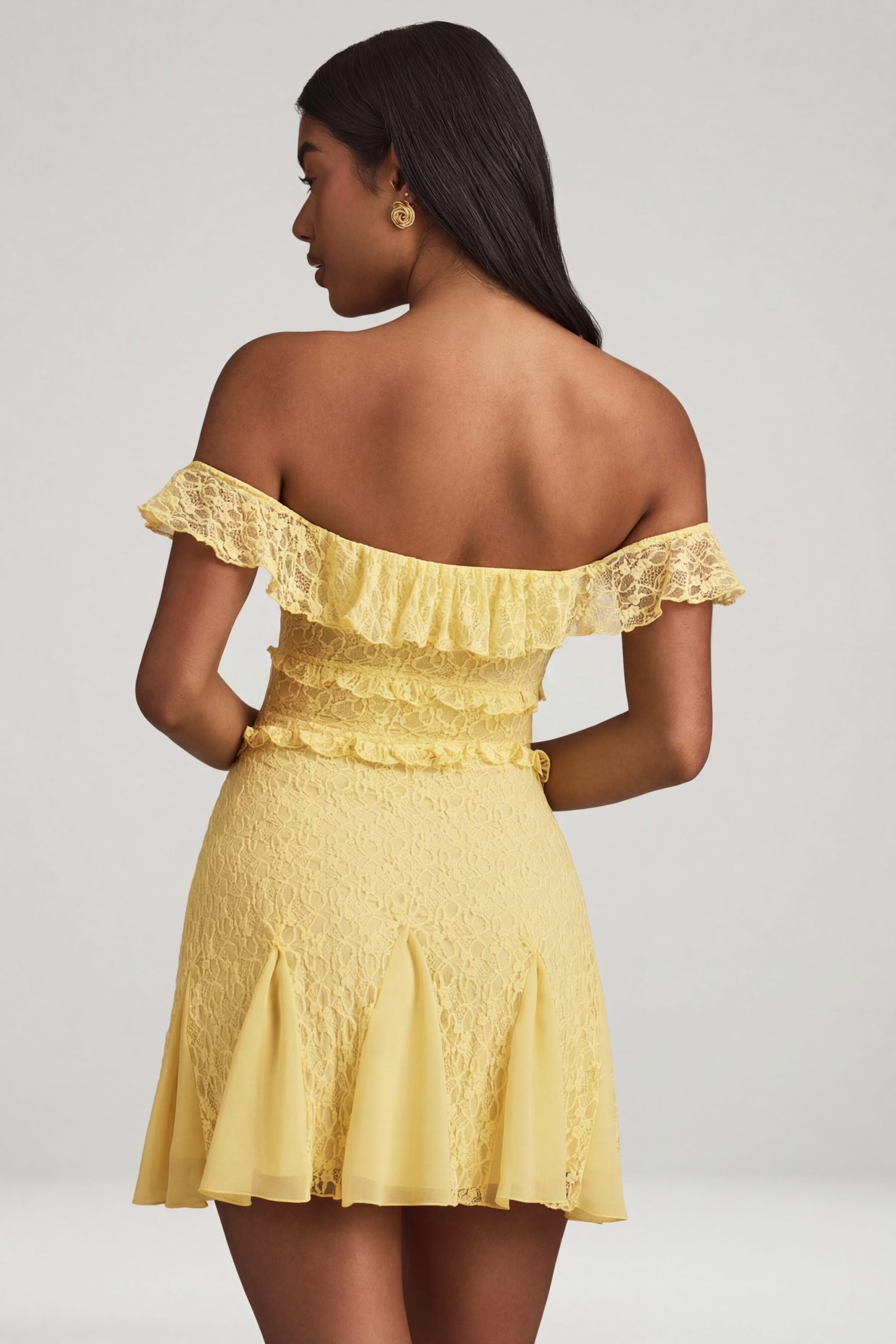Off-Shoulder Lace A-Line Mini Dress in Pastel Yellow - Image 2
