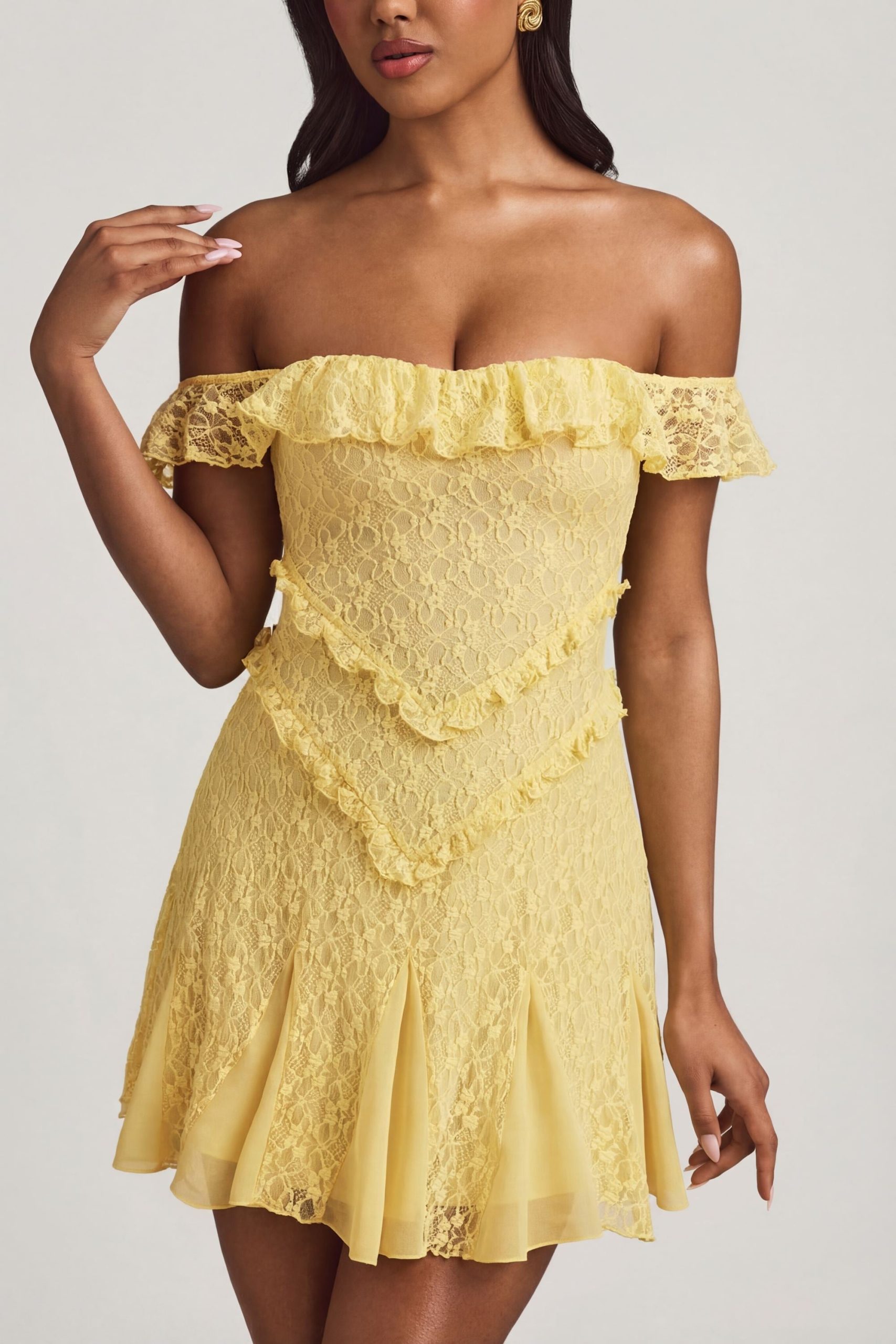 Off-Shoulder Lace A-Line Mini Dress in Pastel Yellow - Image 4