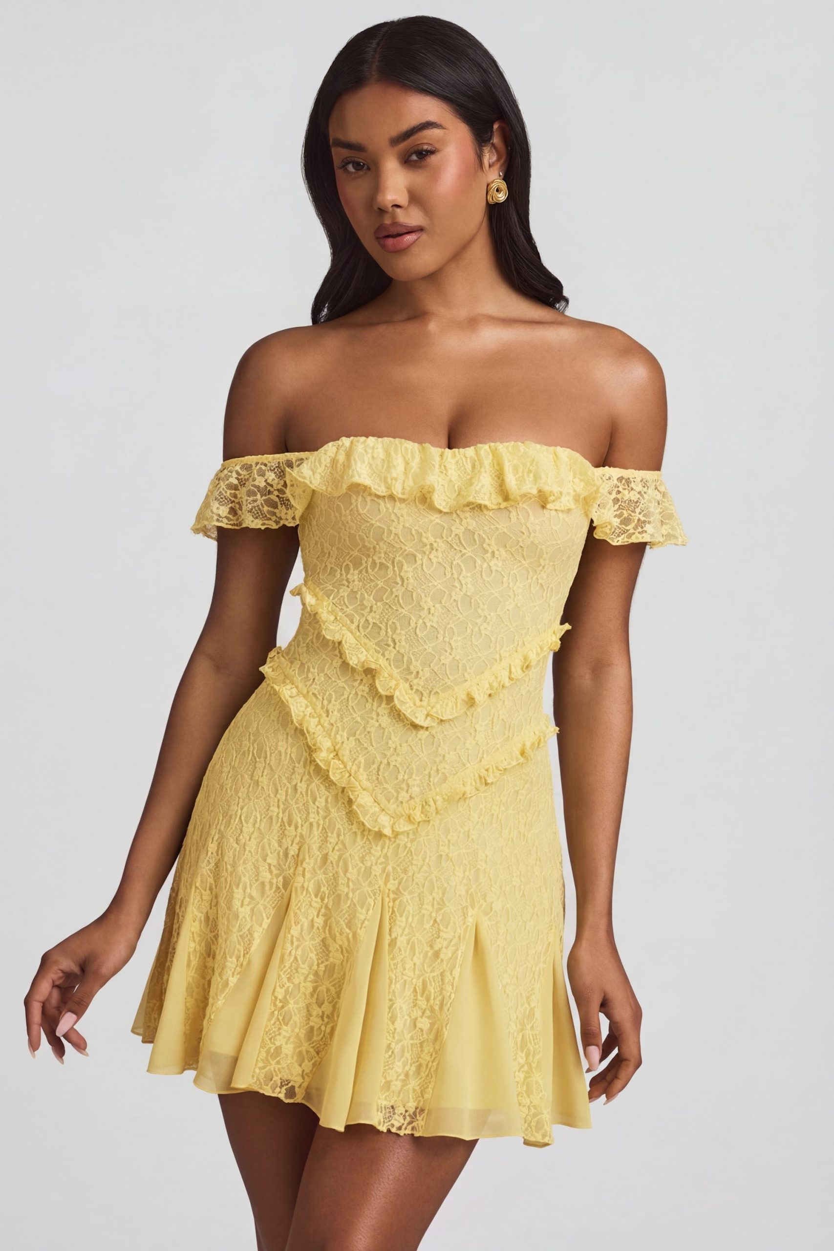 Off-Shoulder Lace A-Line Mini Dress in Pastel Yellow - Image 7