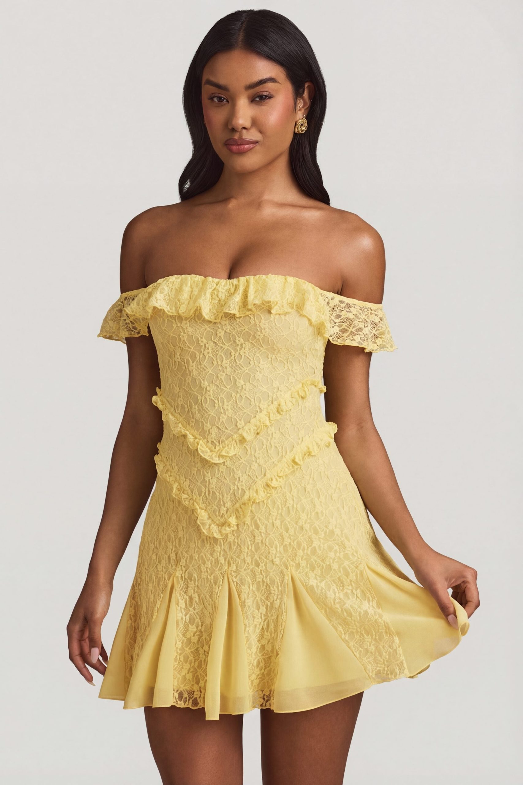Off-Shoulder Lace A-Line Mini Dress in Pastel Yellow - Image 6