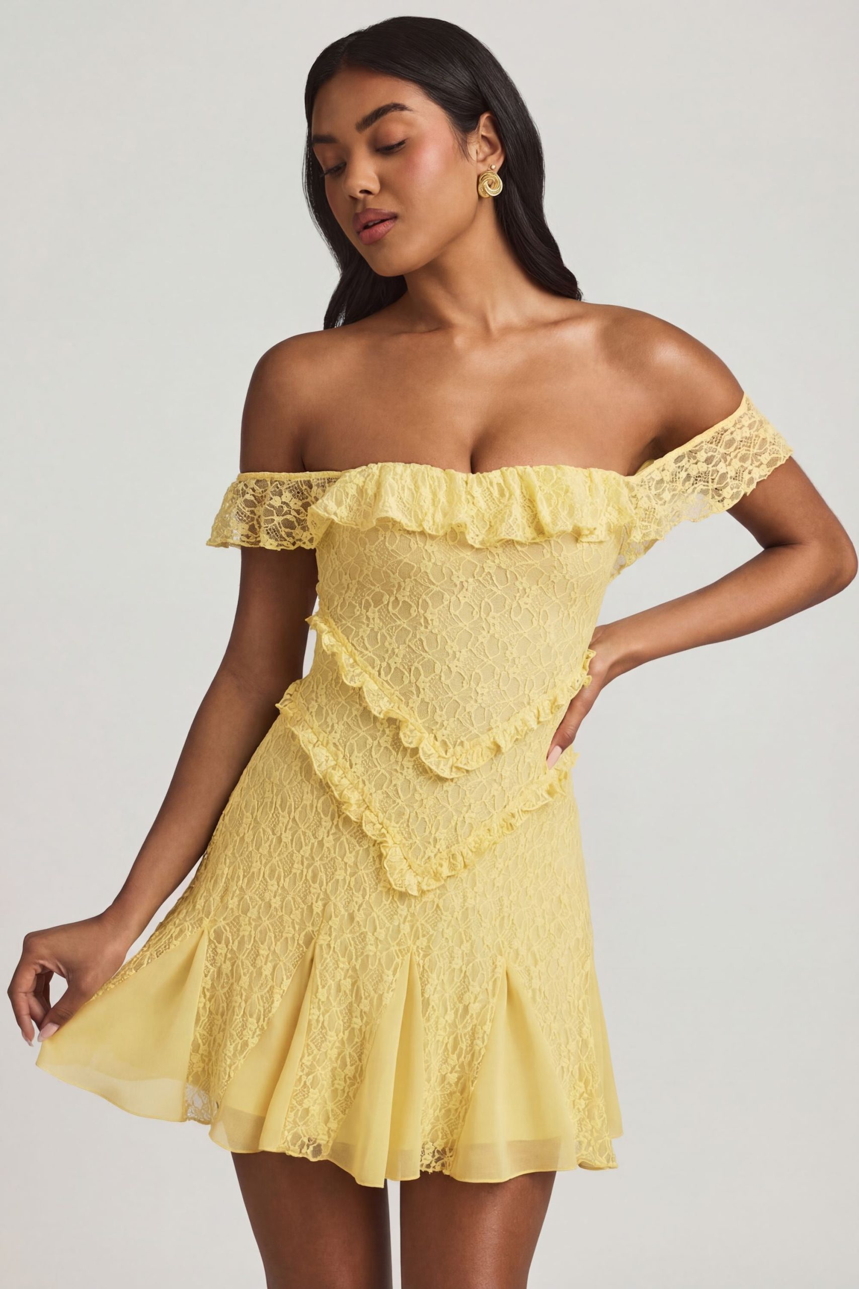 Off-Shoulder Lace A-Line Mini Dress in Pastel Yellow - Image 8