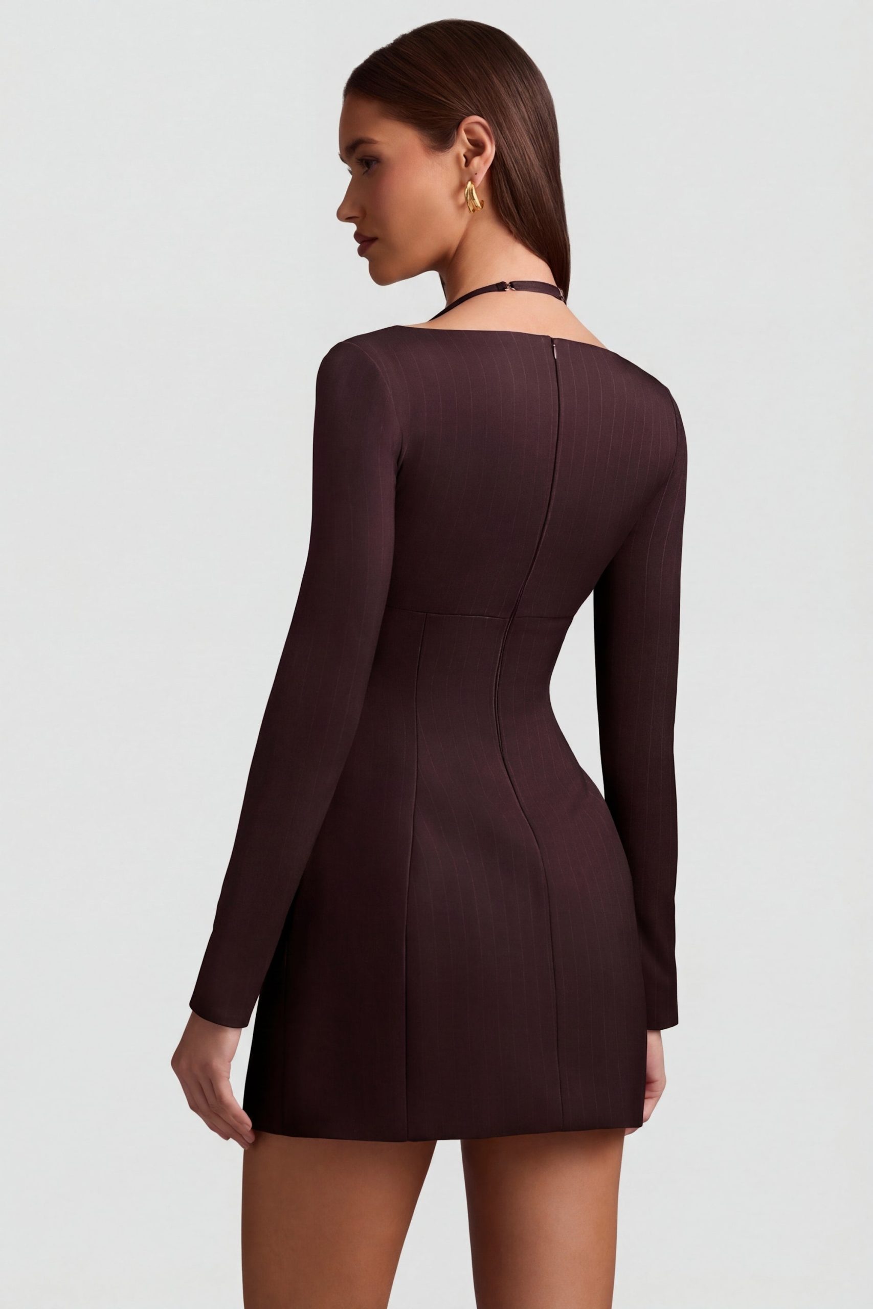 Pinstripe Structured A-Line Mini Dress in Chocolate Brown - Image 3