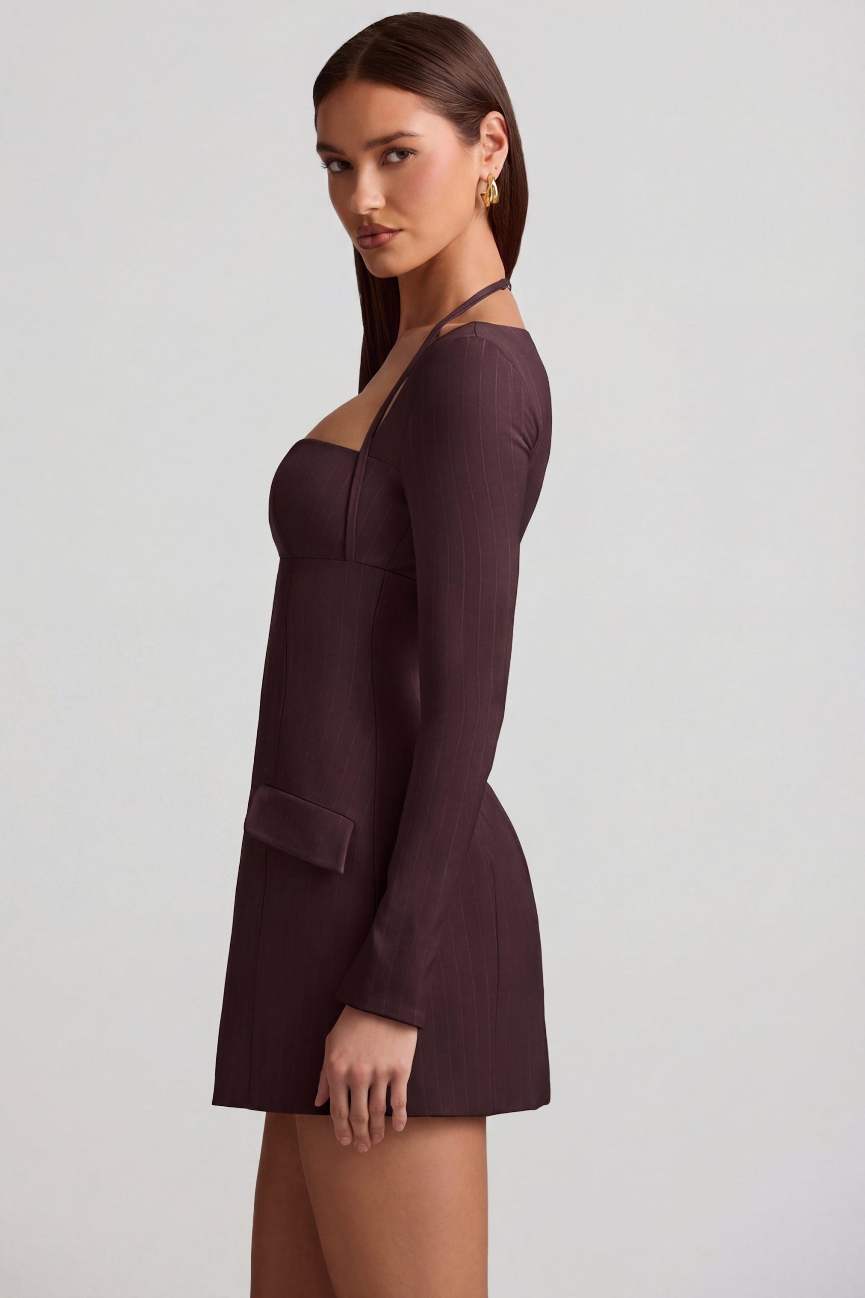 Pinstripe Structured A-Line Mini Dress in Chocolate Brown - Image 4