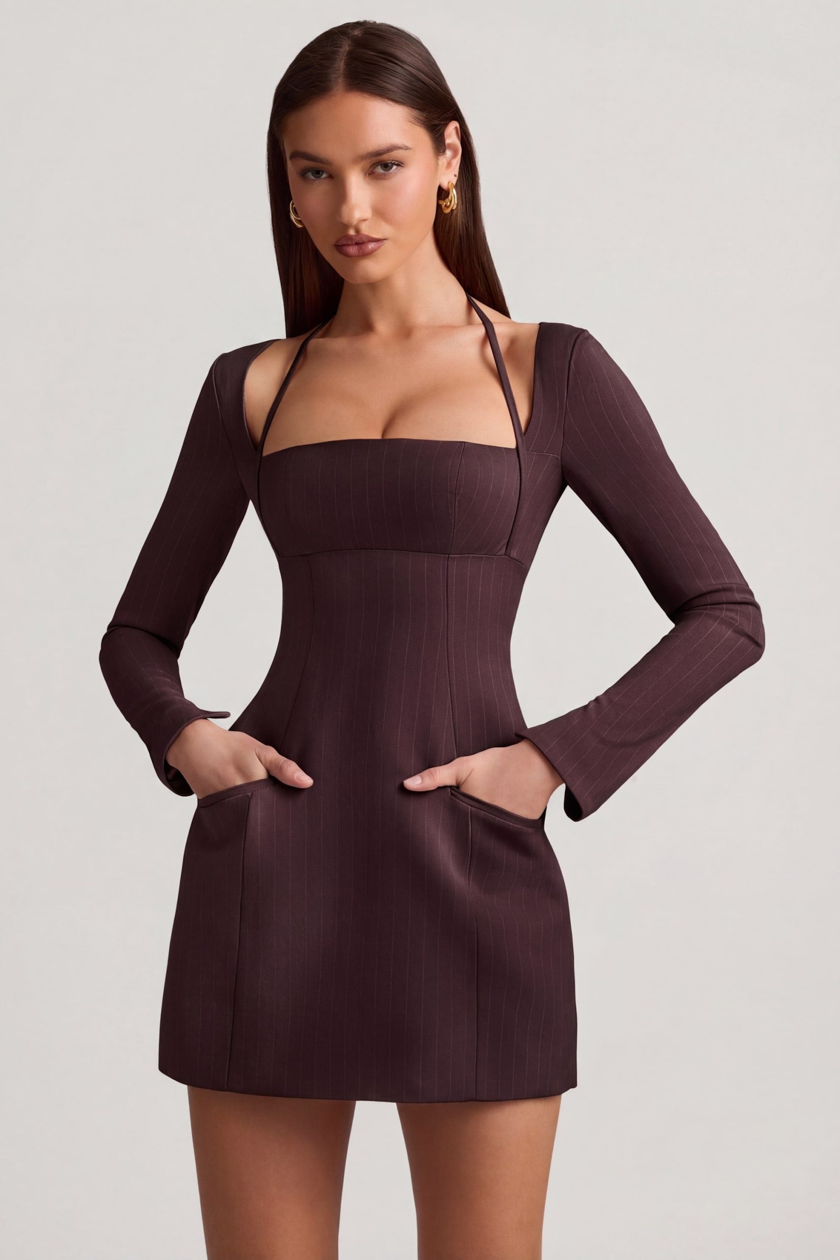 Pinstripe Structured A-Line Mini Dress in Chocolate Brown - Image 6