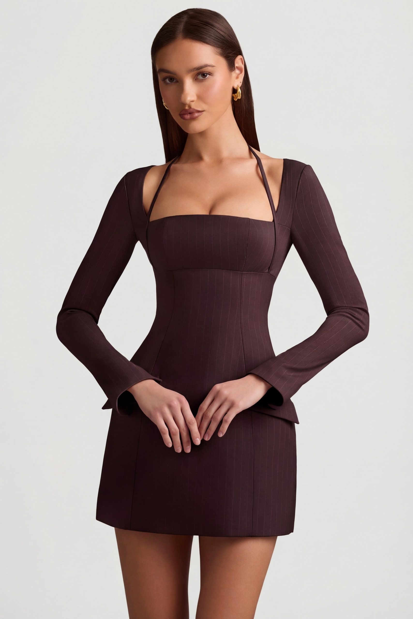 Pinstripe Structured A-Line Mini Dress in Chocolate Brown - Image 8