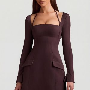 Pinstripe Structured A-Line Mini Dress in Chocolate Brown