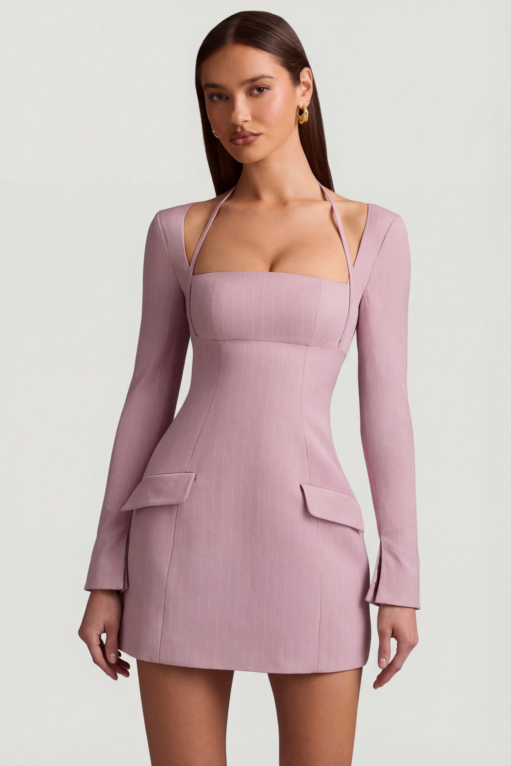 Pinstripe Structured A-Line Mini Dress in Mauve - Image 5