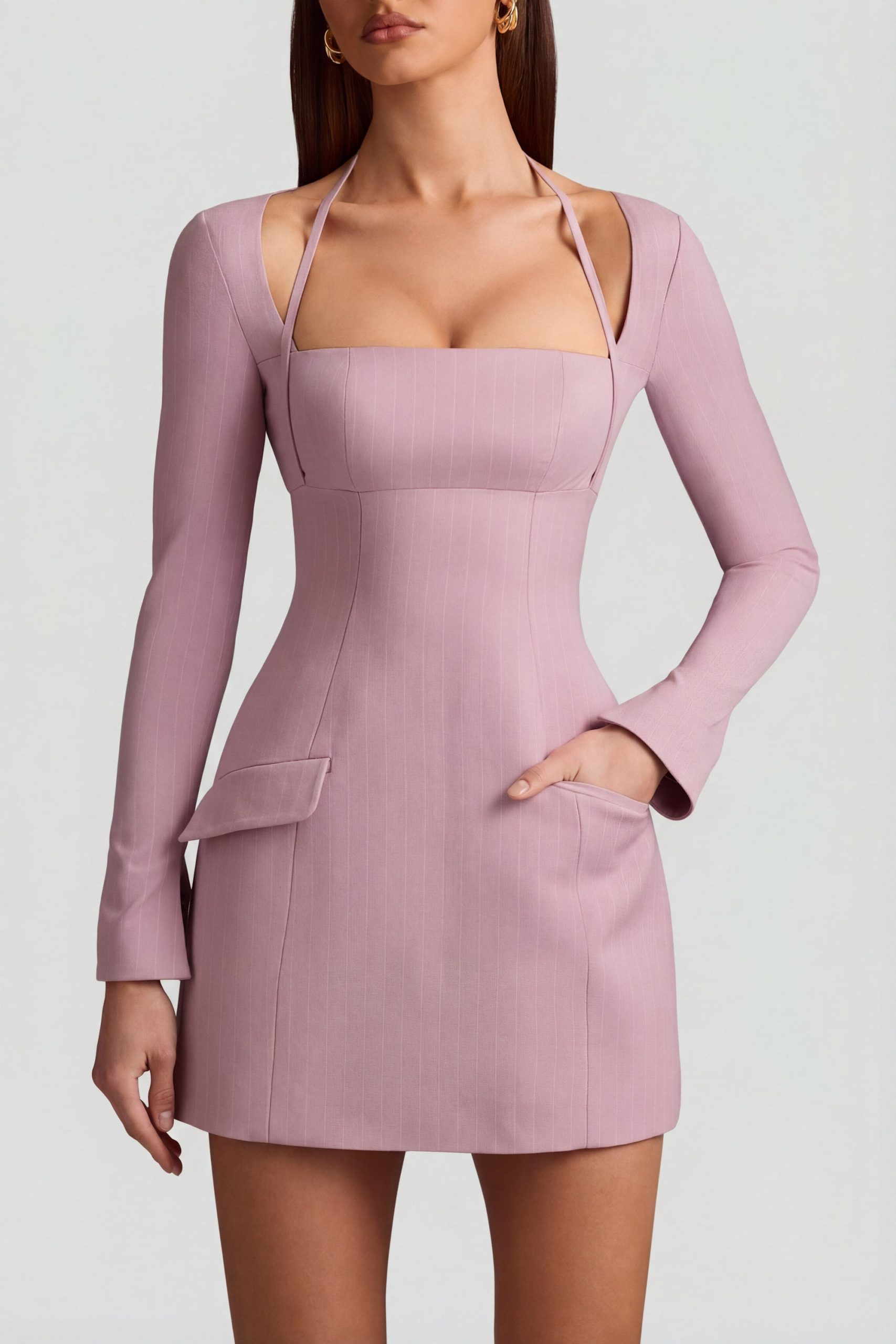 Pinstripe Structured A-Line Mini Dress in Mauve - Image 2