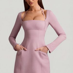 Pinstripe Structured A-Line Mini Dress in Mauve