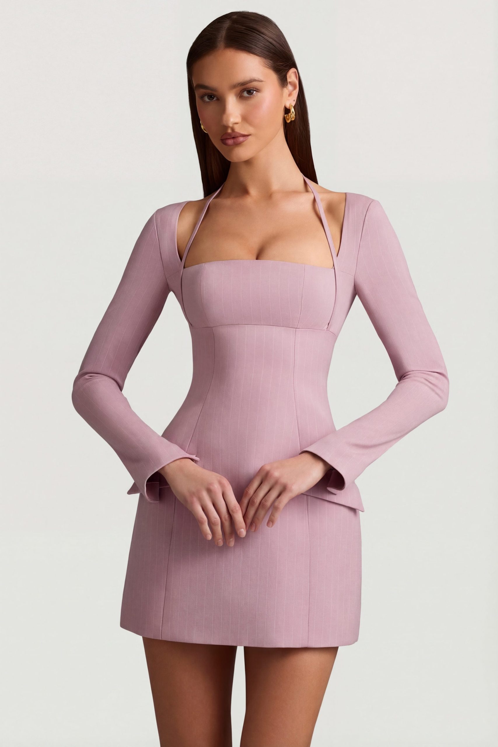 Pinstripe Structured A-Line Mini Dress in Mauve - Image 7