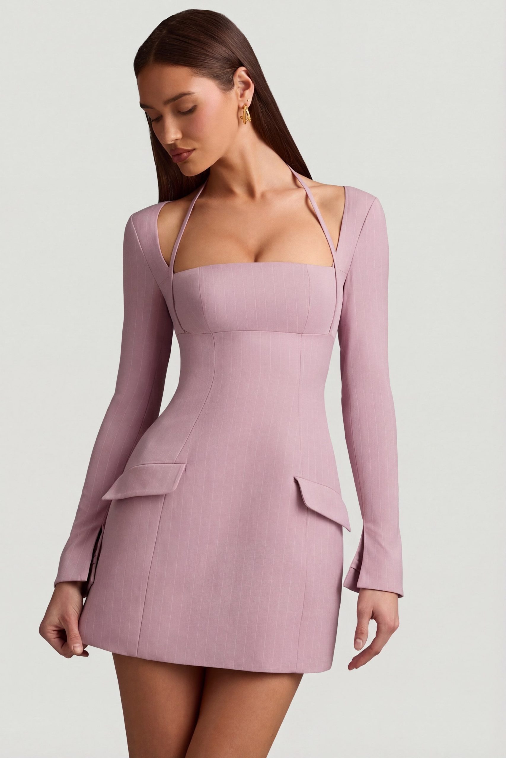 Pinstripe Structured A-Line Mini Dress in Mauve - Image 9