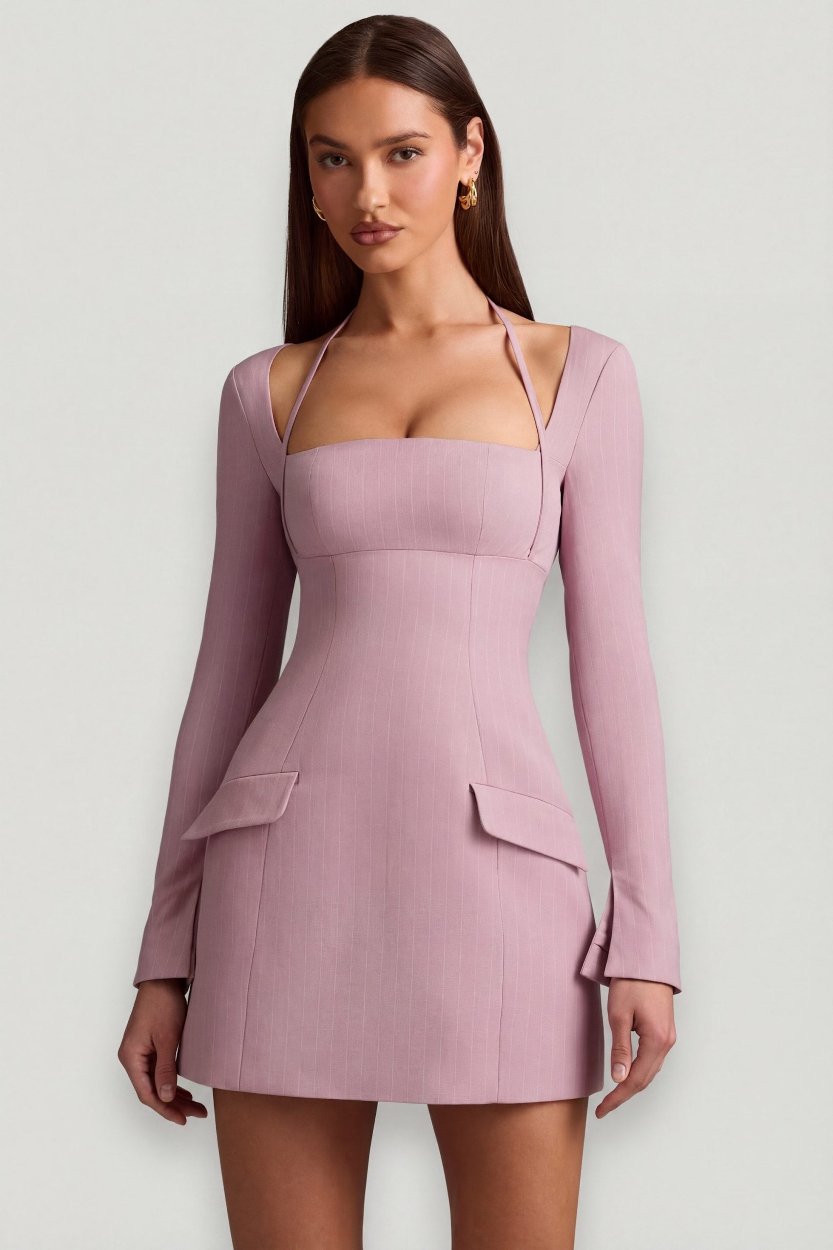 Pinstripe Structured A-Line Mini Dress in Mauve - Image 8
