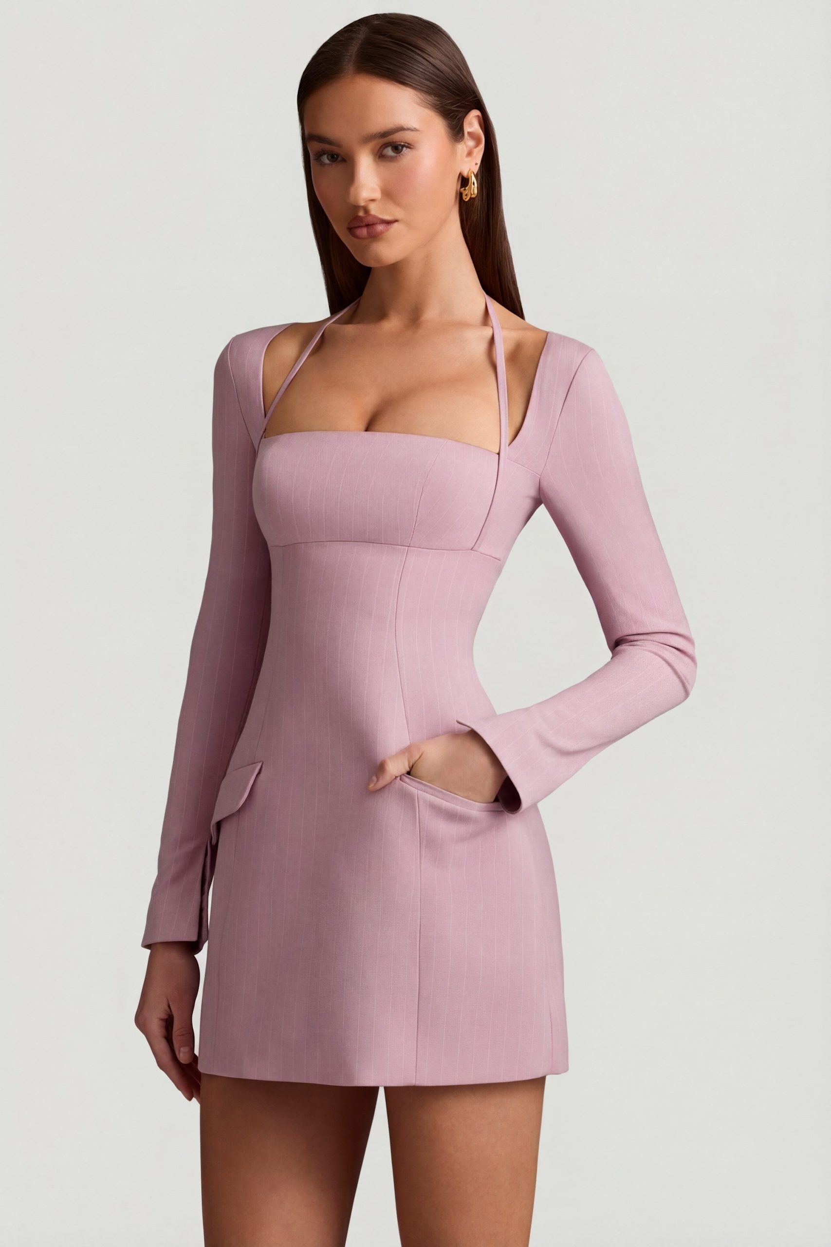 Pinstripe Structured A-Line Mini Dress in Mauve - Image 6