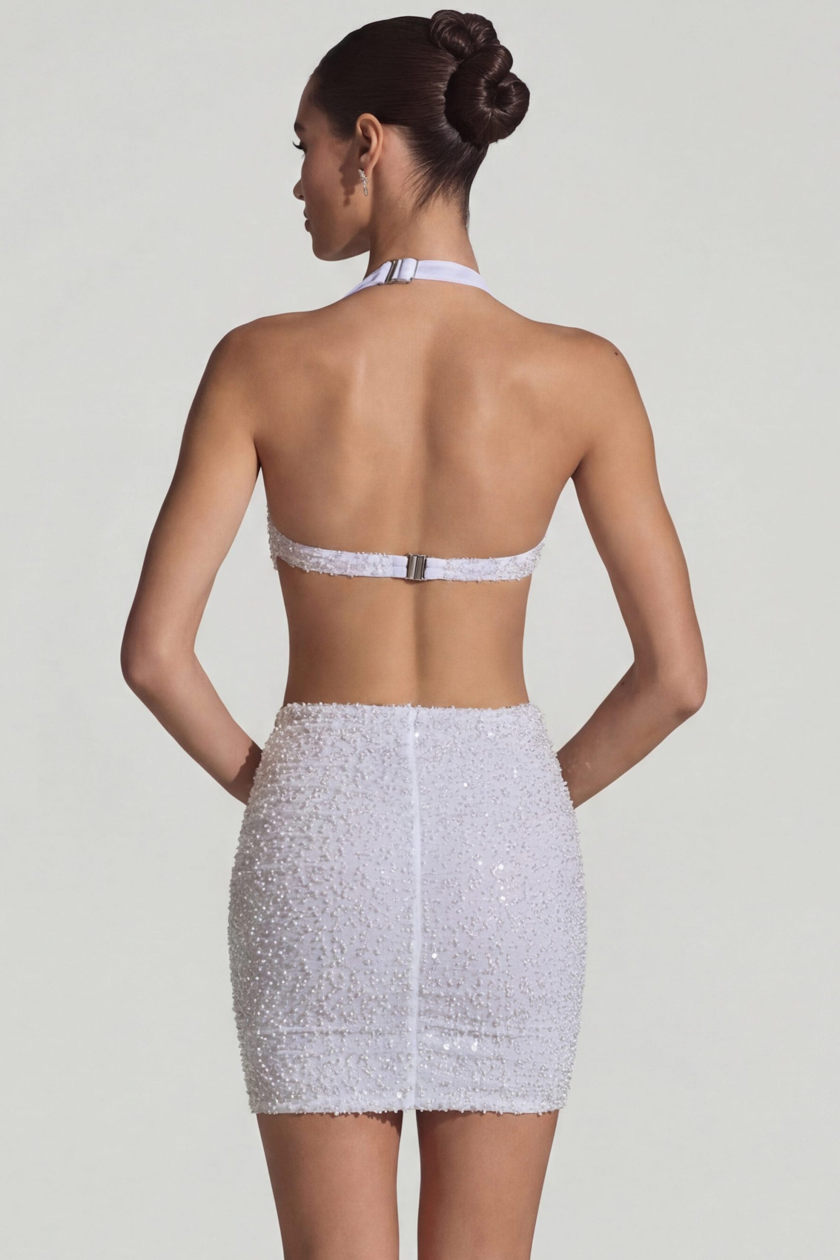 Embellished Cut-Out Halterneck Mini Dress in White - Image 7