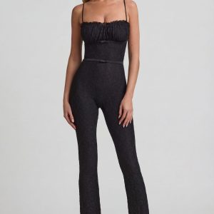 Bow-Detail Lace Flared Jumpsuit in Black