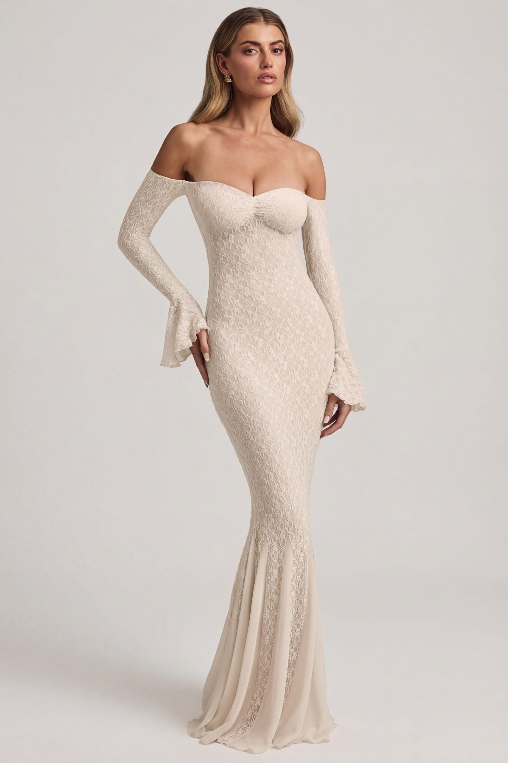 Off-Shoulder Ruffle Lace Maxi Dress in Ivory - Image 5