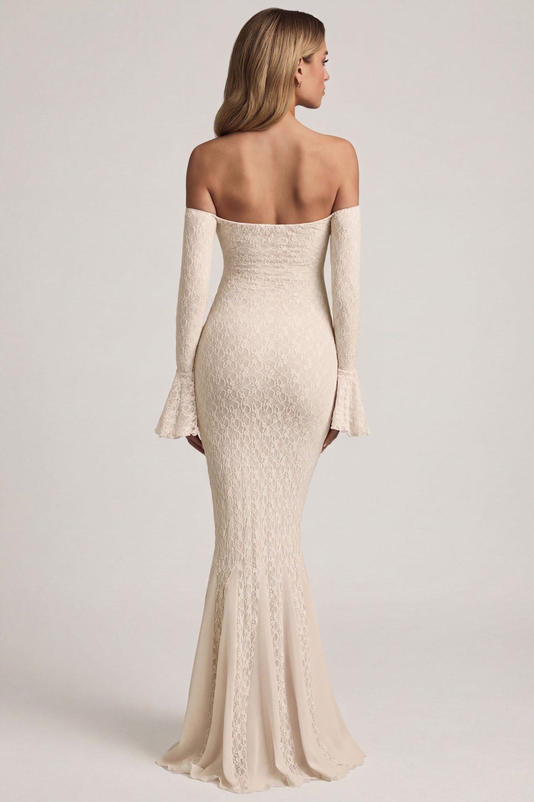 Off-Shoulder Ruffle Lace Maxi Dress in Ivory - Image 2