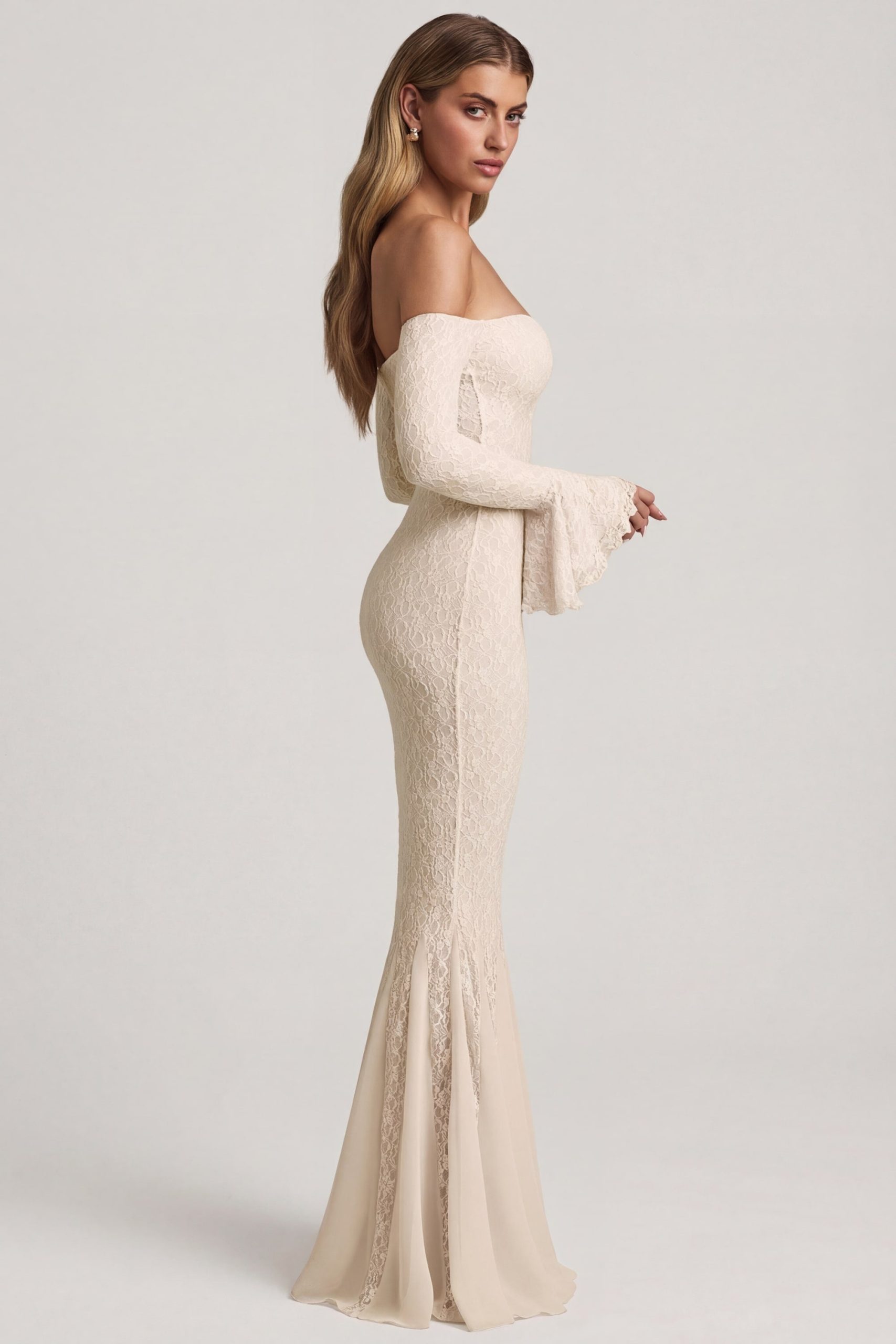 Off-Shoulder Ruffle Lace Maxi Dress in Ivory - Image 3