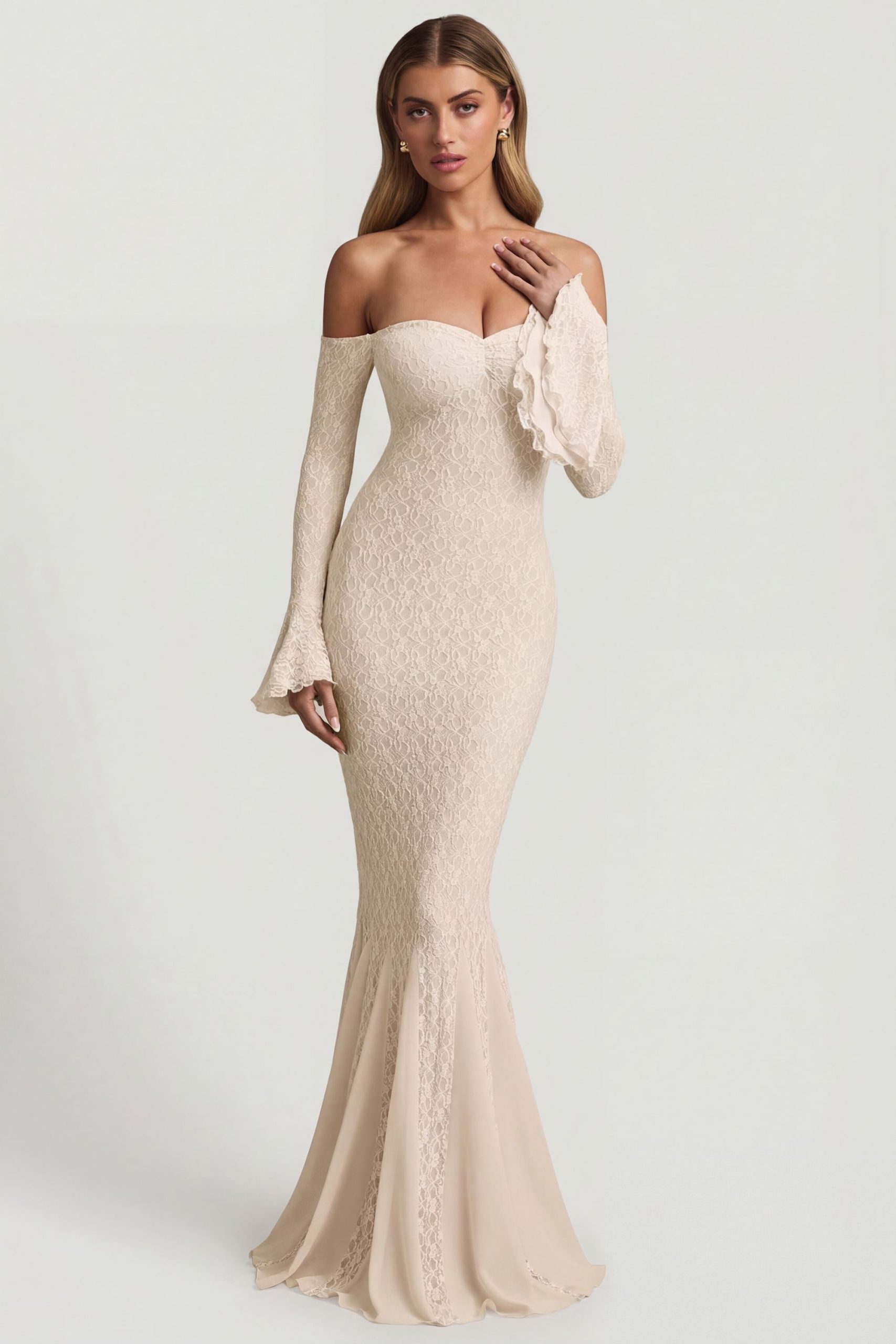 Off-Shoulder Ruffle Lace Maxi Dress in Ivory - Image 6
