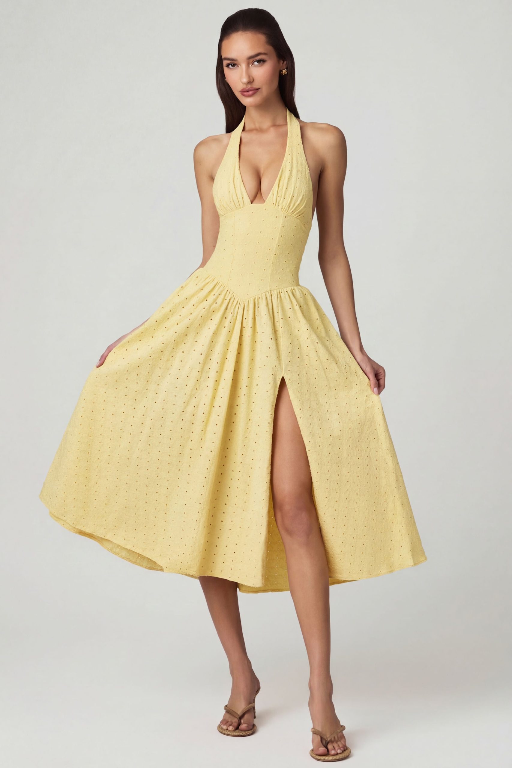 Modal Broderie Anglaise Halterneck Midaxi Dress in Lemon Yellow - Image 5