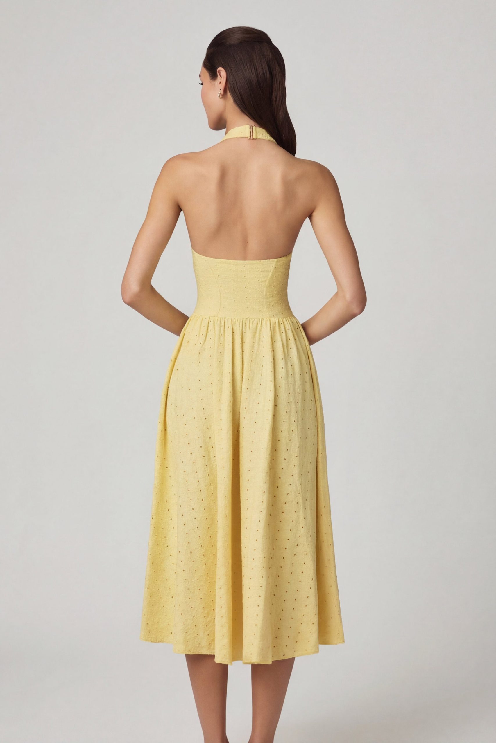 Modal Broderie Anglaise Halterneck Midaxi Dress in Lemon Yellow - Image 3