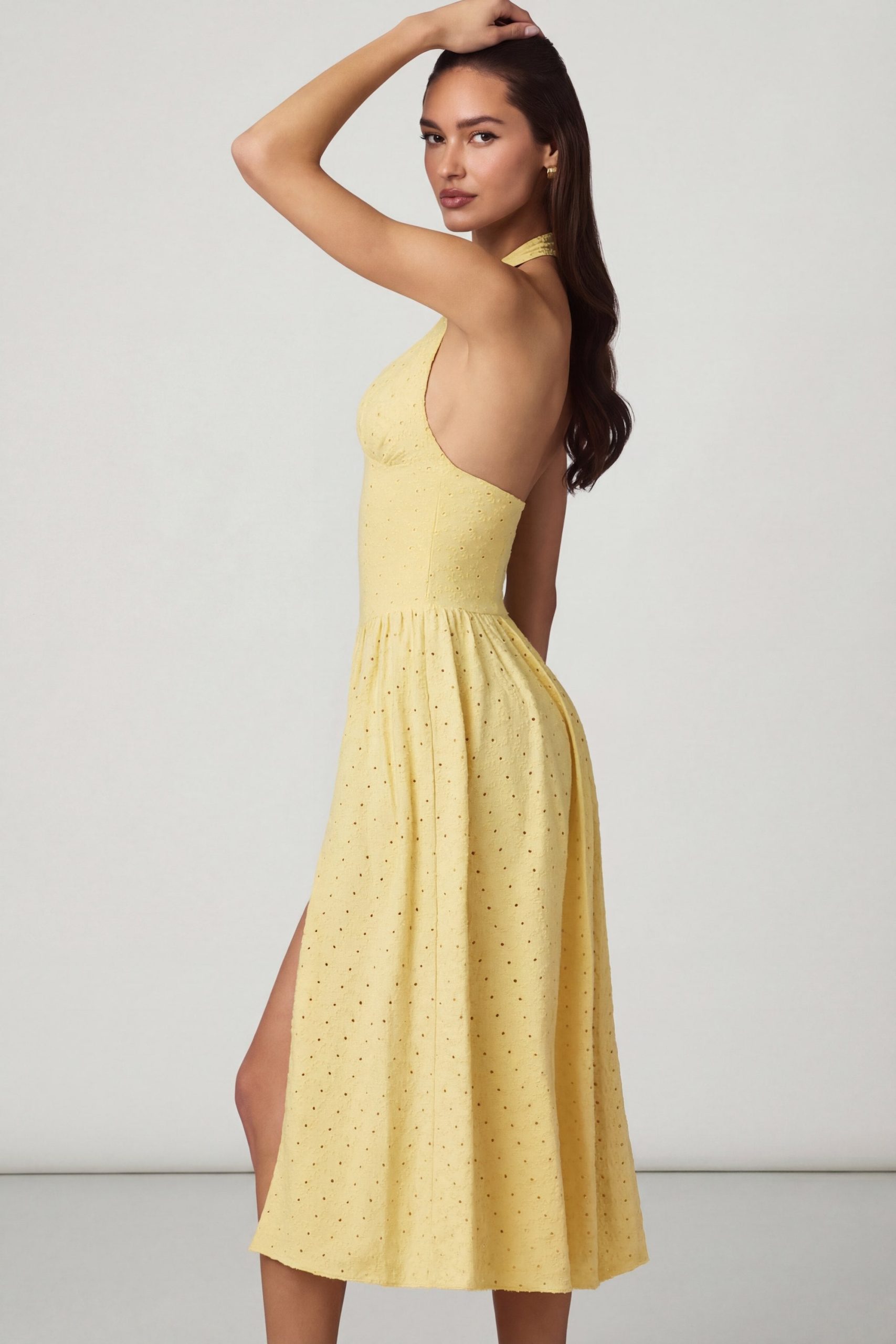 Modal Broderie Anglaise Halterneck Midaxi Dress in Lemon Yellow - Image 6